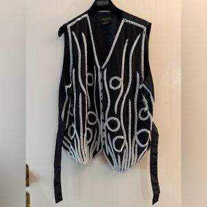 NEW Vintage Mary McFadden Silk Black and White Beaded Vest XL